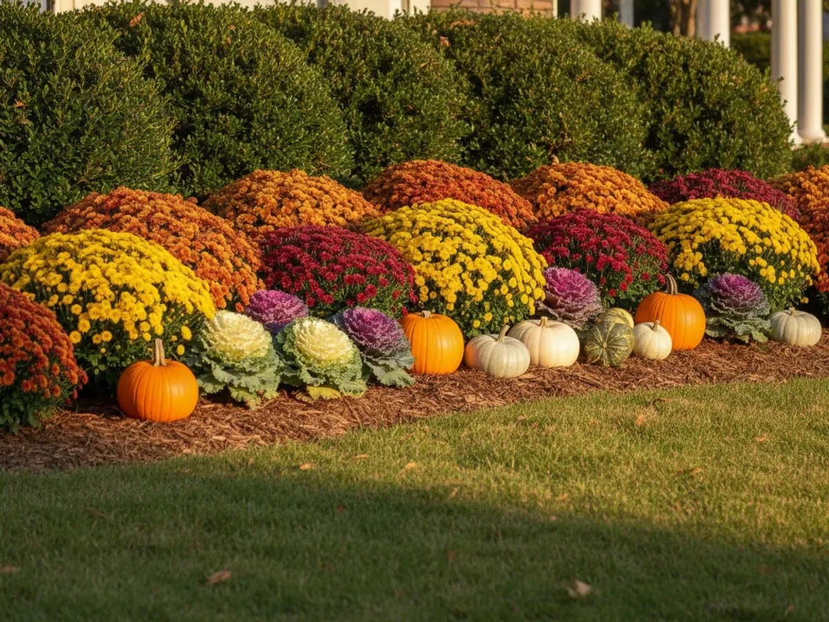 A fall display of golden and burgundy chrysanthemums with ornamental kale and pumpkins in a clean mulched bed