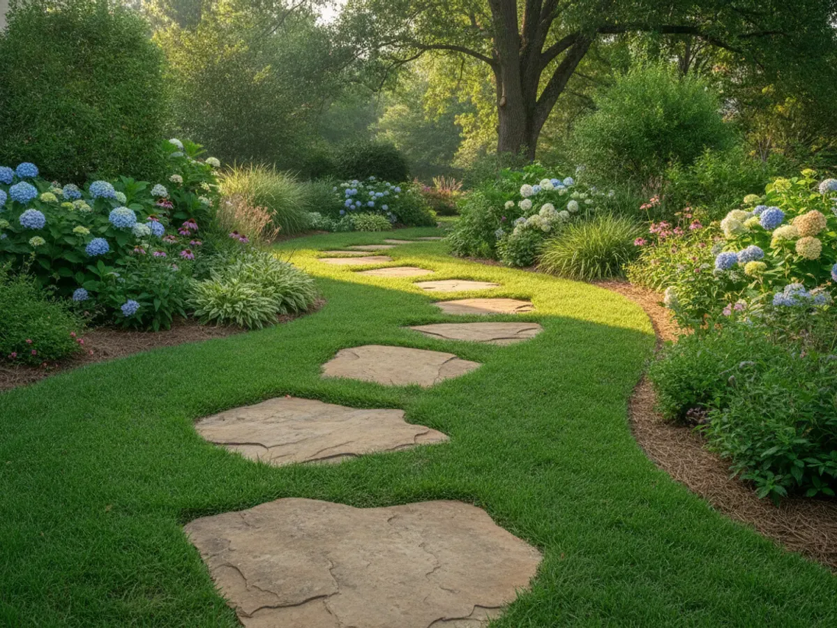 A path of broad flagstone stepping stones set into a healthy green lawn winding between planted beds