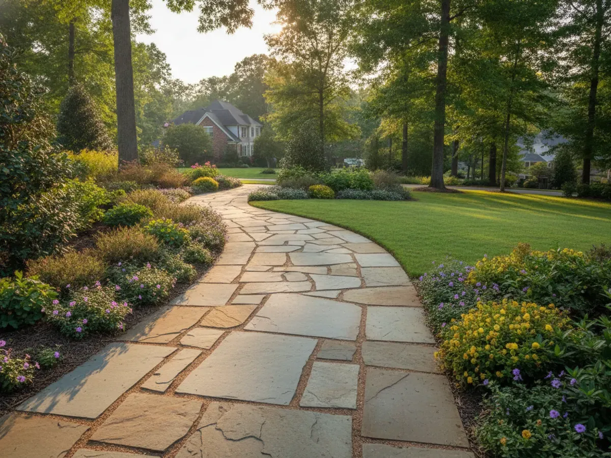 An irregular natural flagstone walkway with tight joints winding through a landscaped garden