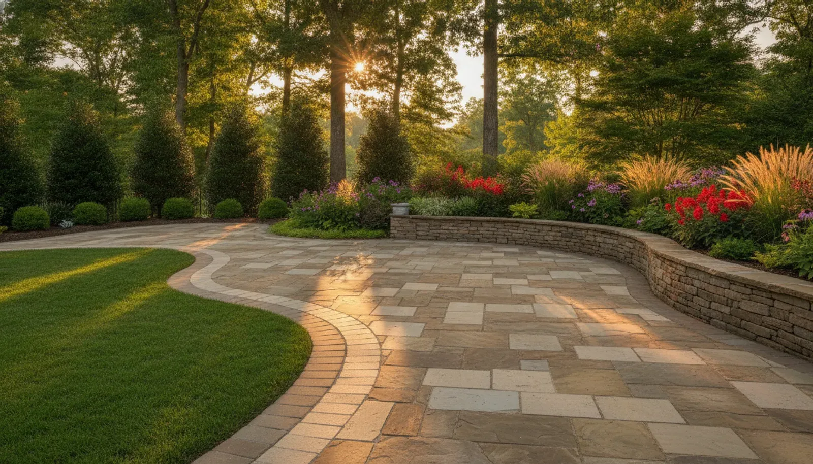 A finished metro Atlanta backyard at golden hour: a flagstone and paver patio, a low stone retaining wall, and layered planting beds