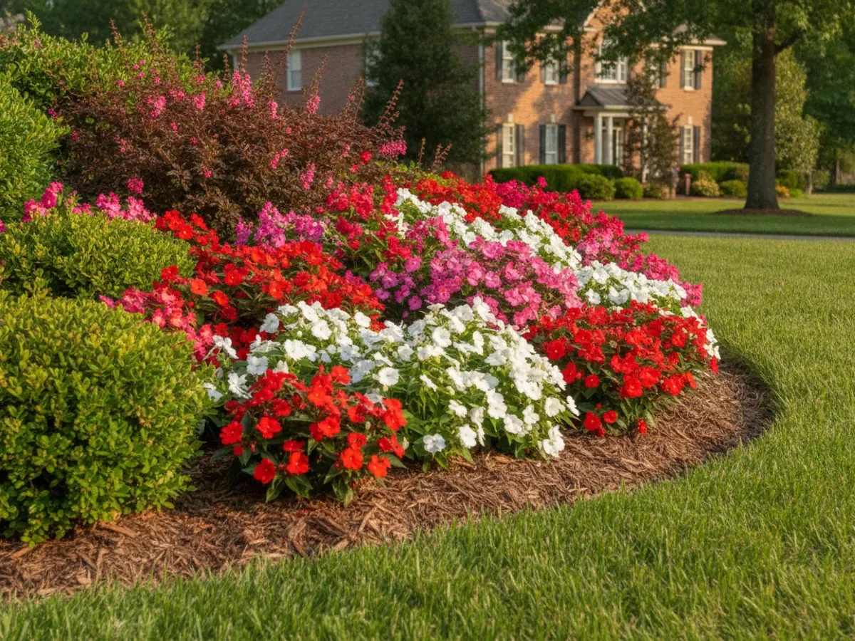 A vibrant seasonal flower bed of colorful annuals layered against low shrubs and a crisp lawn edge