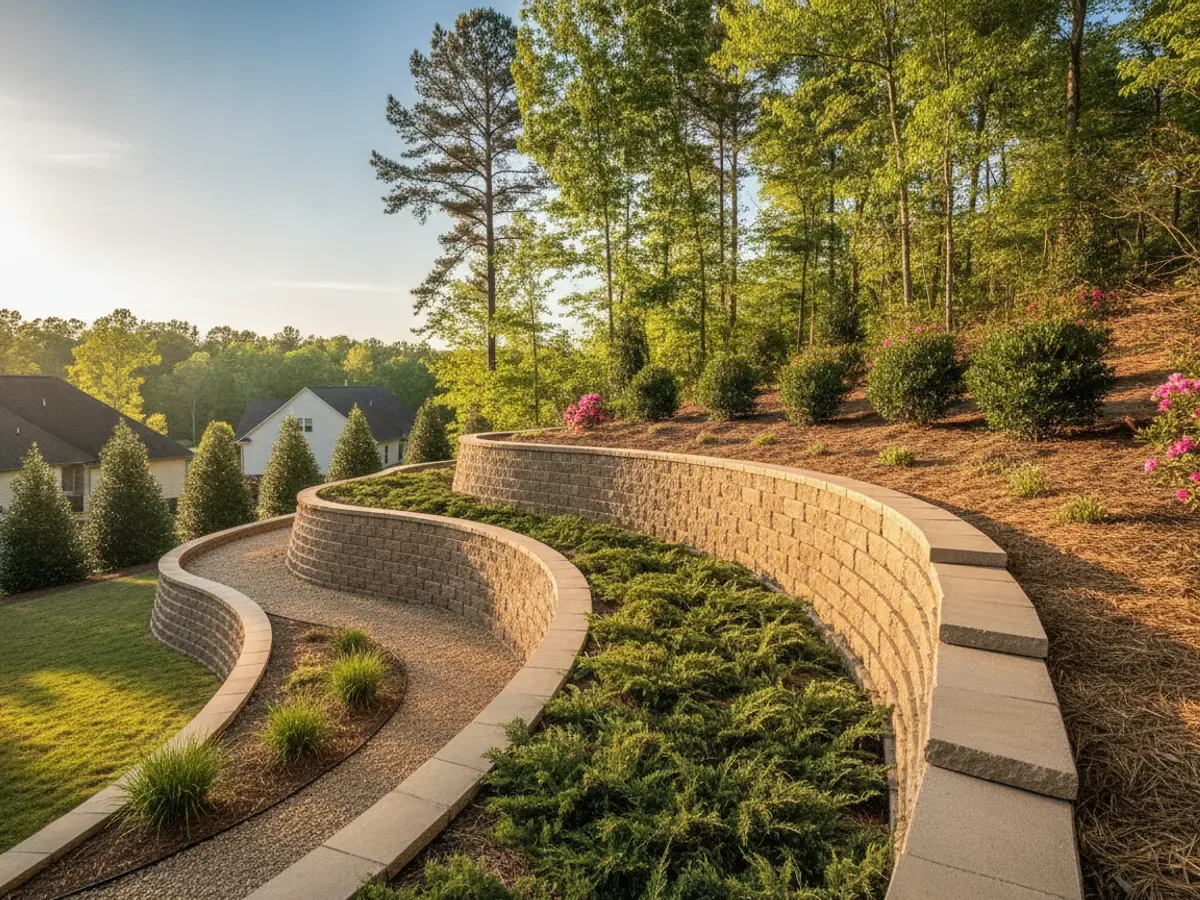 A tiered, multi-level block retaining wall carving stepped, planted terraces out of a steep backyard