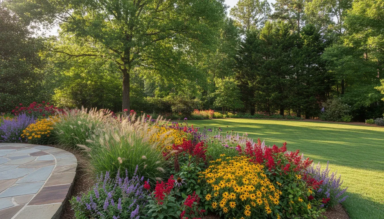 A lush, freshly landscaped suburban backyard with a healthy lawn, planted beds, and a natural stone edge