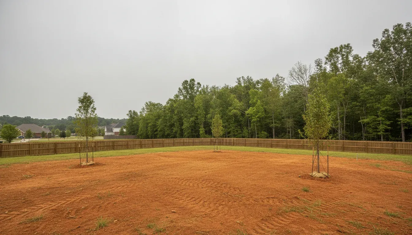 A tired, patchy suburban backyard of bare red clay and weeds before landscaping